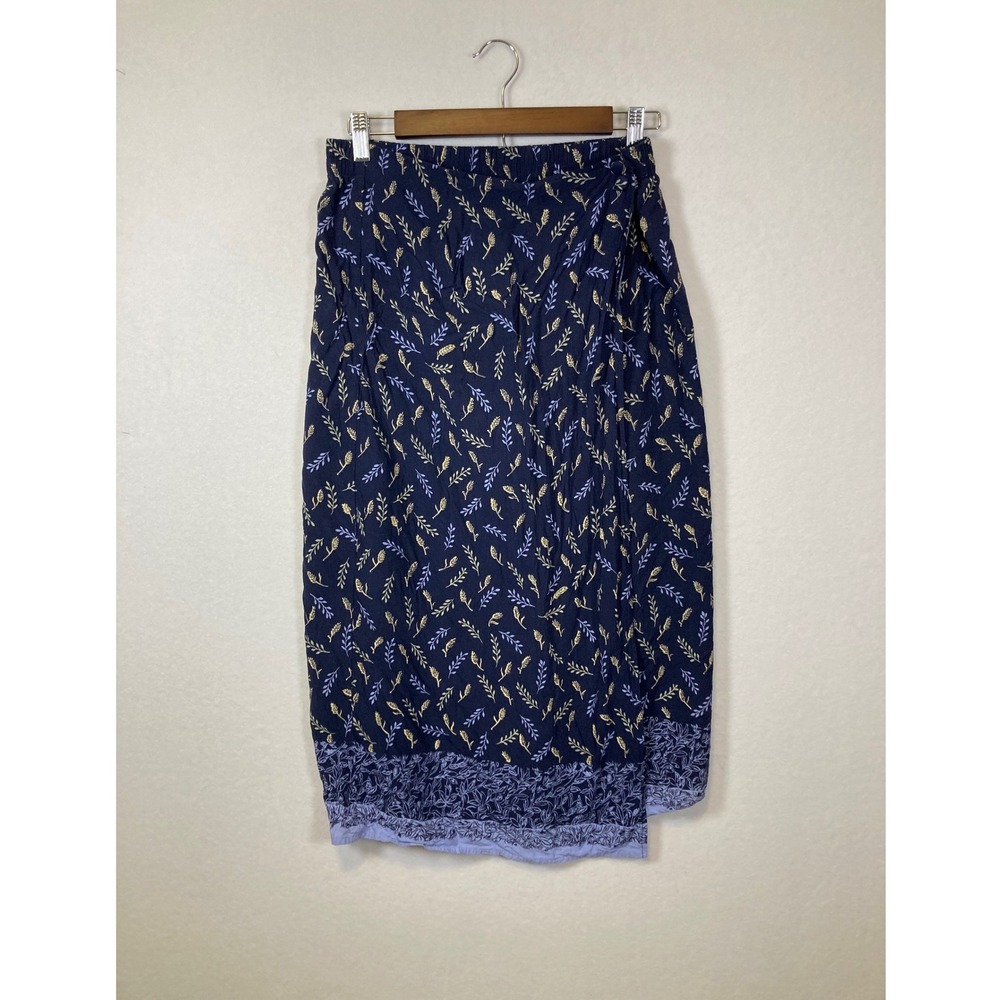 Sage Harbor Petite Navy Blue Leaf Print Rayon Midi Skirt Womens‎ Medium